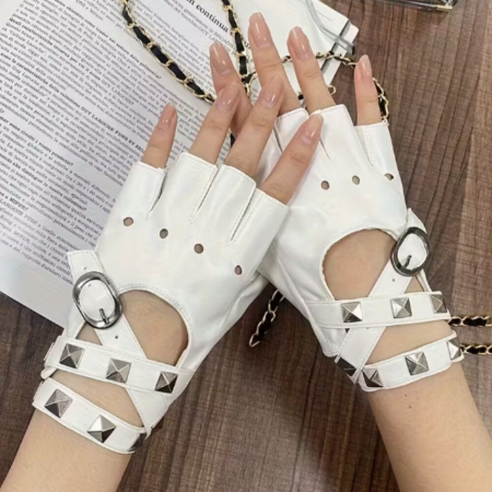Pu Leather Fingerless Studded White Gloves
